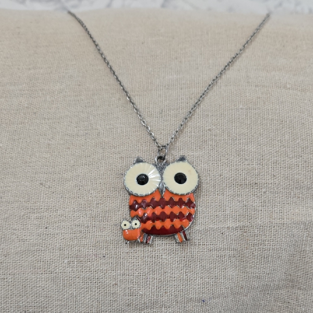 Owl Pendant Necklace in Orange and Silver